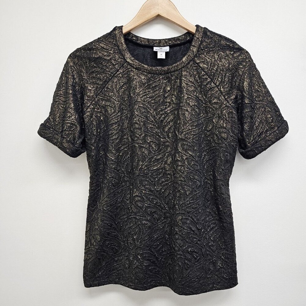 Worthington Women's Size Medium Metallic Short Sleeve Black Gold Top Blouse